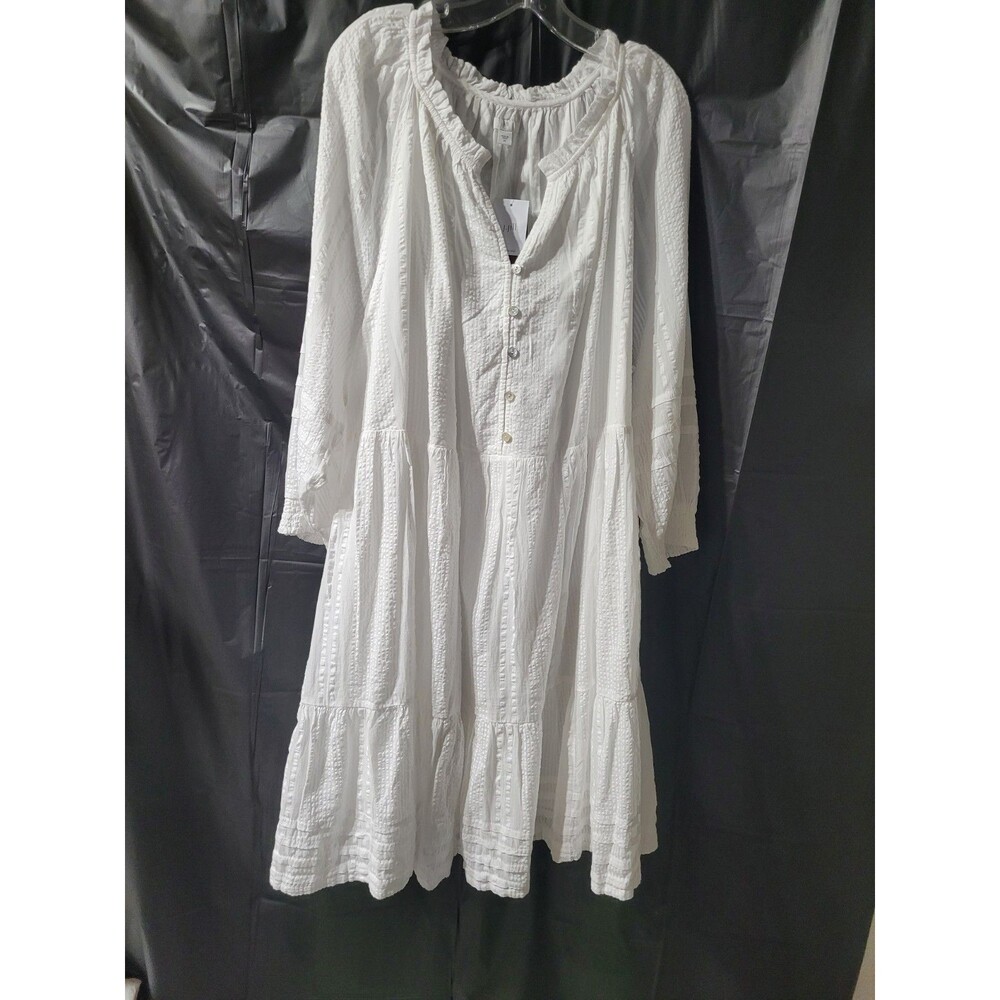 New J Jill Smocked White Button Front Dress Peasant Boho Wns 3X Plus Cotton NWT